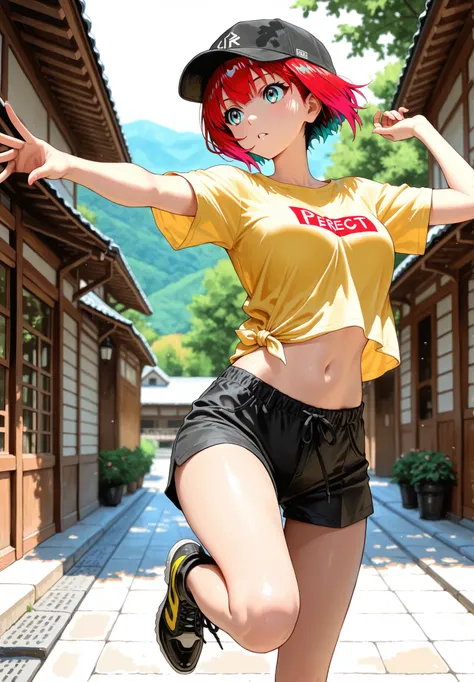 1girl, amate yuzuriha,short hair,red hair,multicolored hair,aqua eyes,multicolored eyes,cap,clear yellow T-shirt,black short pants,depth of field, fake traditional media, Picturesque, Impressionism, masterpiece, high score,  Great score , very high resolut...