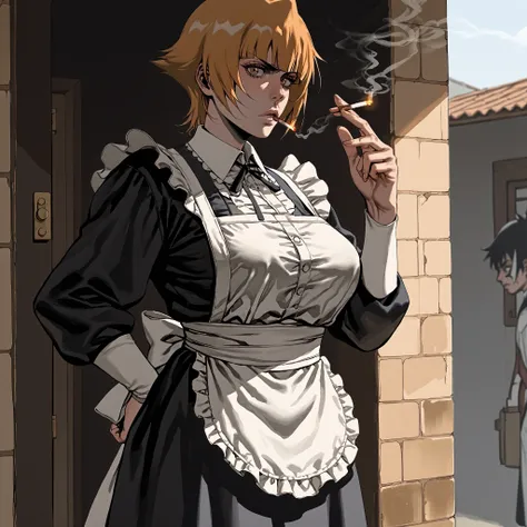 Score_9, score_8_up, score_7_up, score_6_up, score_5_up, score_4_up, Anime Manga style, ((full view)) A character created for a horror comedy, a tall slim mature woman with blond short hair ((Bleach Blond hair)). She is wearing a maid uniform, with a very ...
