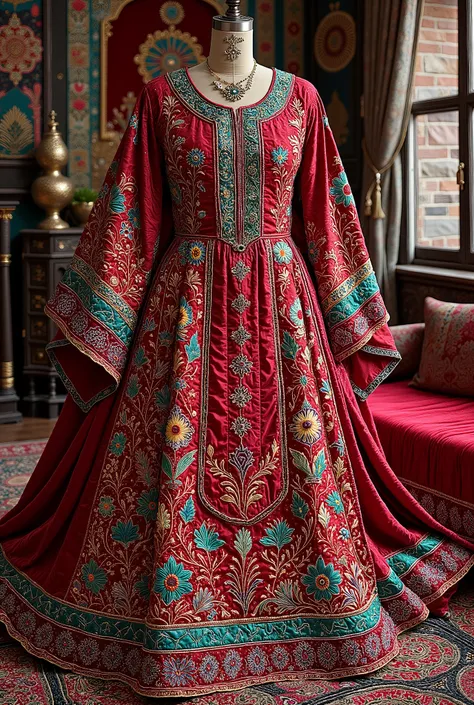 “A highly detailed, traditional Afghan Kochi dress for women, vibrant red and turquoise colors, hand-embroidered floral and geometric patterns, mirror work, flowing skirt, long sleeves, head scarf, photographed in soft daylight, on a mannequin or laying fl...