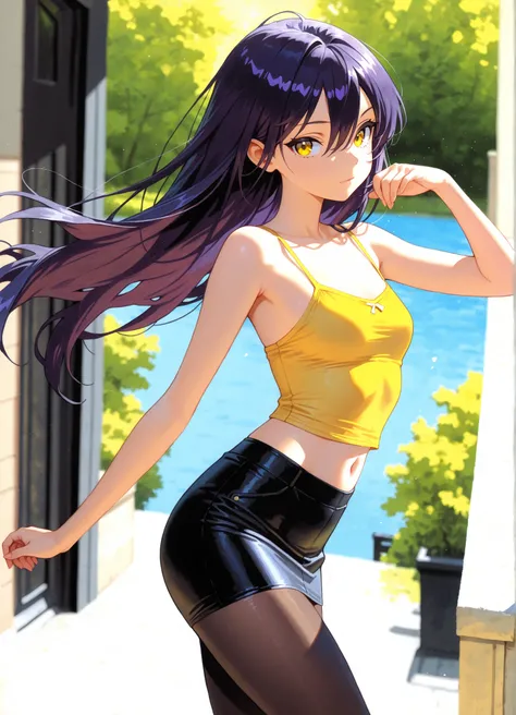 1girl, Nyann, long hair, yellow eyes, dark purple hair, hair between eyes,tight cropped skirt,black tights,yellow camisole, midriff tops,navel,depth of field, fake traditional media, Picturesque, Impressionism, masterpiece, high score,  Great score , very ...