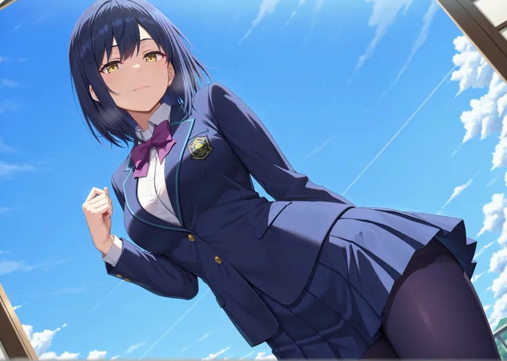 solo,masterpiece,best quality, amazing quality, highres, absurdres, very aesthetic, high resolution, ultra detailed, perfect details,nijirin,medium breasts,yellow eyes,blue hair,black hair,moles,medium hair,nijirincos,white shirt,collared shirt,purple bowt...