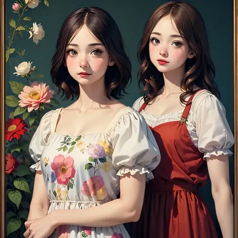 394 ((young woman)),(short hair),(Neat hair),(floral dress),(Leonardo da Vinci style paintings)