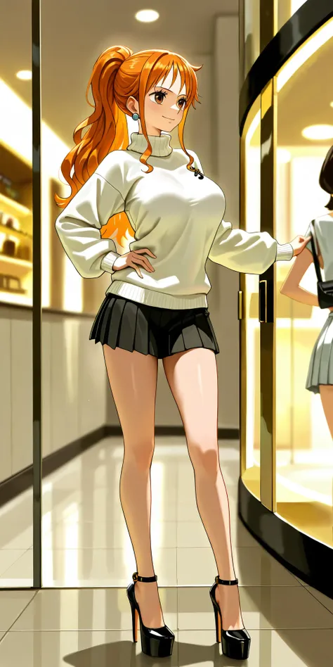 capolavoro, elegant young woman, Nami\(One Piece \), capelli lunghi, orange-colored hair, high ponytail, corpo alto, completely naked with white sweater, pleated white miniskirt, corpo intero, grandi super platform high heels dorati, dyNamic lighting, ultr...