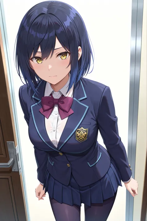 solo,masterpiece,best quality, amazing quality, highres, absurdres, very aesthetic, high resolution, ultra detailed, perfect details,nijirin,medium breasts,yellow eyes,blue hair,black hair,moles,medium hair,nijirincos,white shirt,collared shirt,purple bowt...