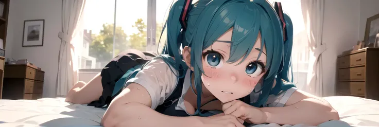 (masterpiece,Best Composition,Depressed Illumination,top quality,Super Detailed),best shadows,Rim lighting,perfect composition,full body,(Hatsune Miku:1.2),Voluptuous Body,light blue twin tail hair, beautiful light blue big eyes,look at here,shy,(Blushing,...