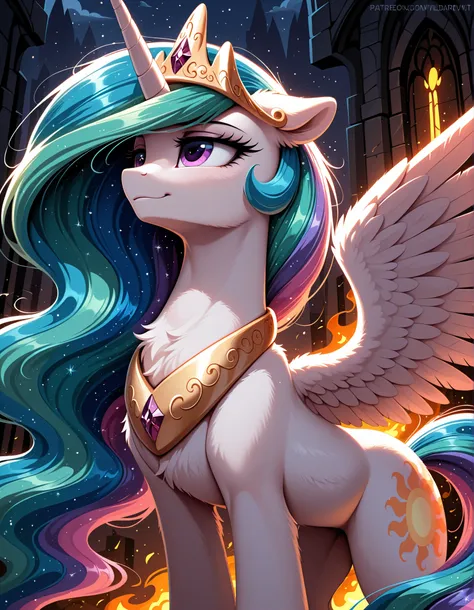 resolution, masterpiece, high resolution, (SOLO: 1.2) my little pony, friendship is magic, wild, detailed background,  princess celestia, alicorn, pony, white fur, horn, feathered wings, multicolored hair, purple eyes