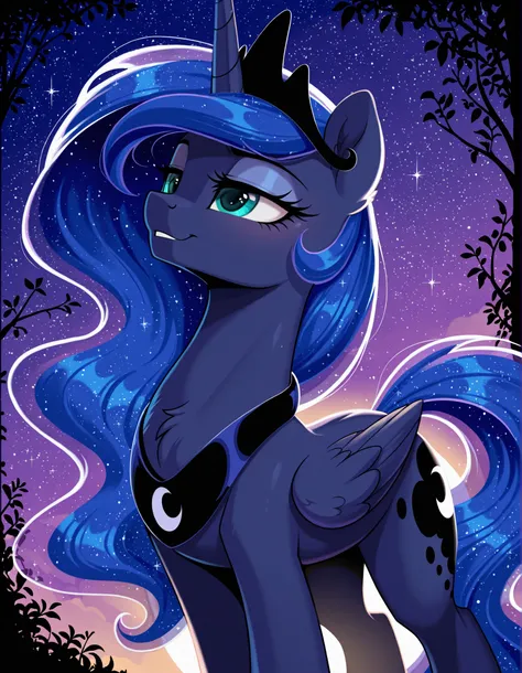 resolution, masterpiece, high resolution, (SOLO: 1.2) my little pony, friendship is magic, wild, detailed background, Princess Luna is an alicorn, her body is the dark blue of the night sky, Her mane and tail are long and wavy, Her eyes are green, , She we...