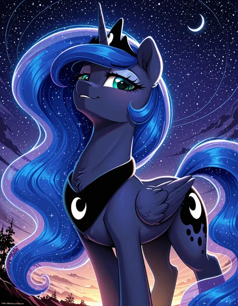 resolution, masterpiece, high resolution, (SOLO: 1.2) my little pony, friendship is magic, wild, detailed background, Princess Luna is an alicorn, her body is the dark blue of the night sky, Her mane and tail are long and wavy, Her eyes are green, , She we...