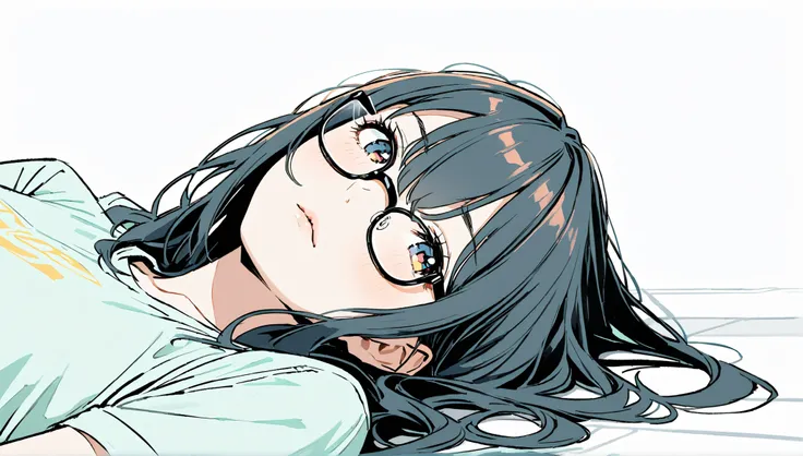 (White solid background))、((alone)),()),、((lying on the floor)),((),((Front view)),No expression,((Black semi-long hairstyle with long bangs)),(((black-rimmed glasses))),masterpiece, Highest quality, Beautiful attention to detail, Very detailed, In detail,...