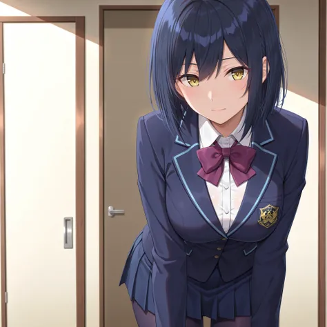 solo,masterpiece,best quality, amazing quality, highres, absurdres, very aesthetic, high resolution, ultra detailed, perfect details,nijirin,medium breasts,yellow eyes,blue hair,black hair,moles,medium hair,nijirincos,white shirt,collared shirt,purple bowt...