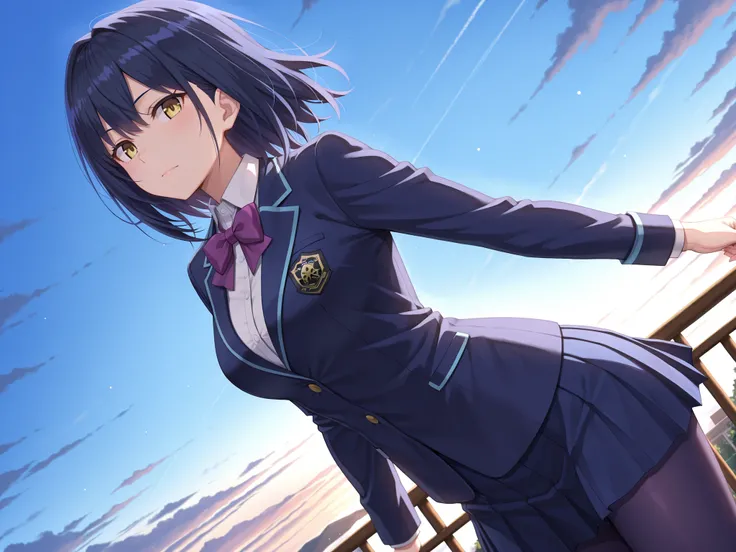 solo,masterpiece,best quality, amazing quality, highres, absurdres, very aesthetic, high resolution, ultra detailed, perfect details,nijirin,medium breasts,yellow eyes,blue hair,black hair,moles,medium hair,nijirincos,white shirt,collared shirt,purple bowt...