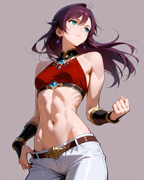 masterpiece,top quality,Super Detailed、High Definition、8K Quality、Simple Background、Adult, toned body、Fantasy world clothes,、long pants、Fight motion、iron fan