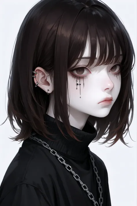 A delicate and androgynous young man with pale skin, sharp jawline, and slightly wavy, layered dark brown hair with a natural, subtle shine. His hair is parted loosely at the center, softly framing his face. His facial features are fine and defined, with s...