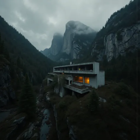 A brutalist remote mountain retreat and spa cabin)), sculpted from raw concrete, featuring stunning cinematic bay windows, infused with Bauhaus minimalism, brutalist severity, and Geigeresque industrial surrealism. This dystopian sanctuary is perched high ...