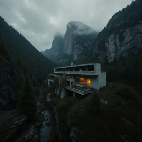 A brutalist remote mountain retreat and spa cabin)), sculpted from raw concrete, featuring stunning cinematic bay windows, infused with Bauhaus minimalism, brutalist severity, and Geigeresque industrial surrealism. This dystopian sanctuary is perched high ...