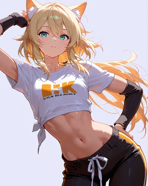 masterpiece,top quality,Super Detailed、High Definition、8K Quality、Simple Background、Adult, toned body、Fantasy world clothes,、long pants、Fight motion、shirt、Animal ears