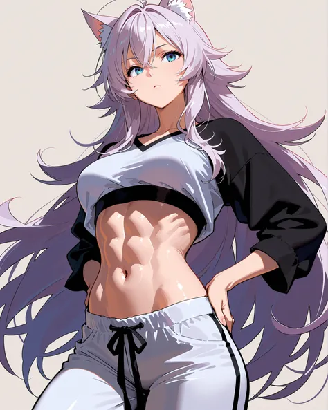 masterpiece,top quality,Super Detailed、High Definition、8K Quality、Simple Background、Adult, toned body、Fantasy world clothes,、long pants、Fight motion、shirt、Animal ears