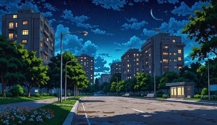 landscape, street, USSR vibes, panel buildings:2.5, panelki:2.5, many floors, many green trees, night, moon, stars:2.5, summer, puddles on the asphalt, cloudy:1.5, grass, crossroad:1.5, cracks in the asphalt:0.5, soviet-style concrete fence:0.15, flowers:0...