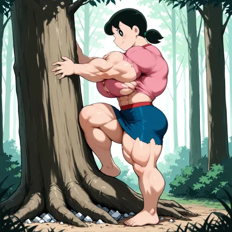 score_9, source_anime, rating_safe BREAK 1girl, solo, minamoto shizuka \(doraemon\), black hair, low twintails , short twintails, black eyes, smile, white solo, long Shot, looking at viewer, eye level shot, big pec's, over-sized breast ,pink t-shirt and bl...