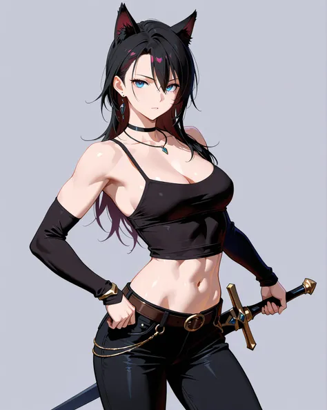 masterpiece,top quality,Super Detailed、High Definition、8K Quality、Simple Background、Adult, toned body、Fantasy world clothes,、long pants、Fight motion、shirt、Animal ears、Black line、Long sword、low posture、Combat style