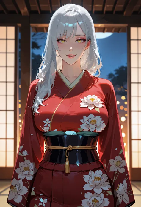 high res image, 1girl, solo, looking at viewer, blushed red, smile, parted lips, large breasts, ((red kimono, flowers patterns)), night, indoors, (cowboy shot), seductive, lustrous skin, lustful skin, erotic skin,
bokeh,
soft light rays, high contrast, b...