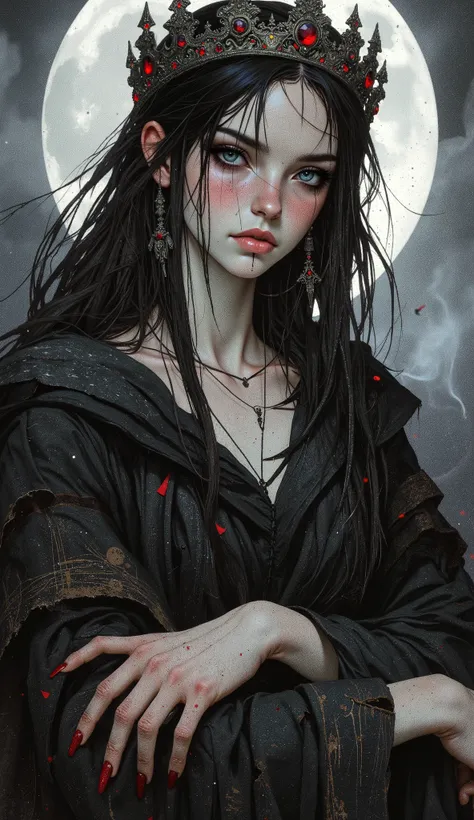A digital work of art in a dark surreal style depicting a stunningly beautiful young woman with pale skin and long, wet, dark hair that flutters like a wild mane. Her hair is decorated with an antique Gothic-style crown decorated with large dark rubies tha...