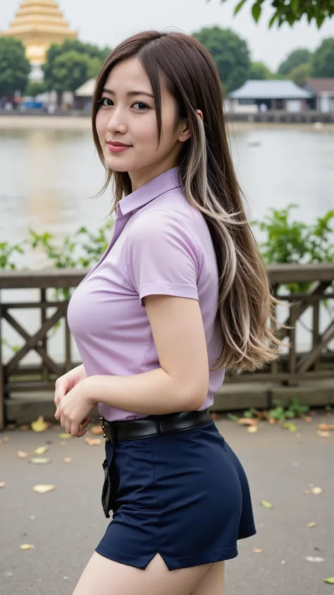 1 girl, ((long dark-grey hair mixed with white and blonde hair on shoulder)), RAW photo, (highest quality),high resolution, Ultra detailed, Best quality, (photorealistic: 1.2), (realistic skin texture: 1.5), A realistic portrait of a beautiful Thai student...