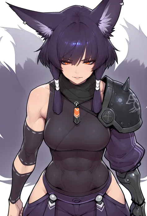 gorgeous kitsune girl, beautiful face, kitsune, hair of ash-purple color, beautiful woman, orange eyes, slit pupils, personalami style, volputrous body, toned woman, curvy and athletic, fox ears, short hair, dark adventurer jacket, buggy pants, single paul...