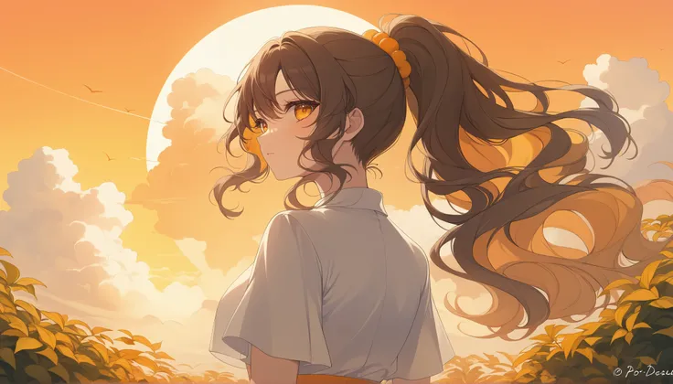 ((pastel)),amarelo e laranja, toque suave, Cores Suaves, Woman with her back seen from the waist up, long wavy ponytail hair, cabelo detalhado, olho bem desenhado, olho perfeito, A masterpiece with clouds, por do sol, final de tarde, yellow-orange sky, The...