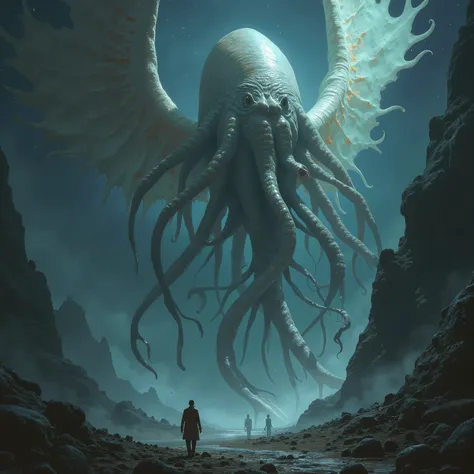 Create a giant sperm with aspects of HP Lovecraft and a little angelic