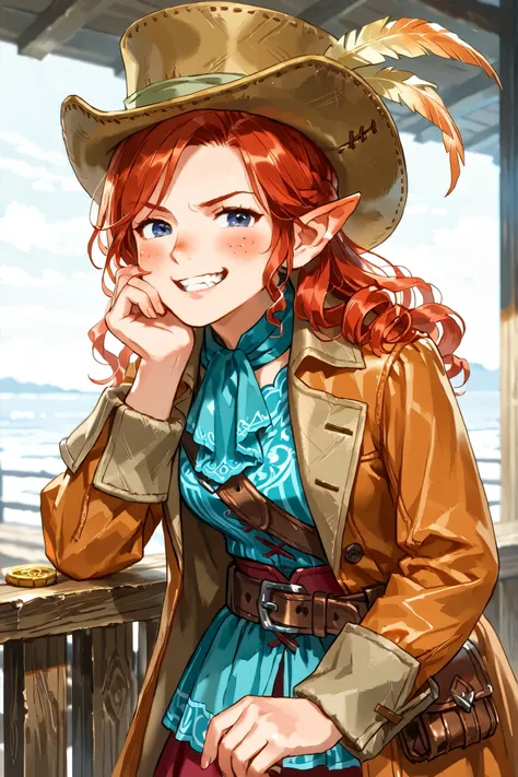 halfling,  female, white skin, short stature, curly red hair, dark blue eyes, glossy lips, rosy cheeks, (wearing a large turquoise silk top hat, slightly worn and weathered), wearing a slightly worn turquoise trench coat, grey breeches, leather belt with a...