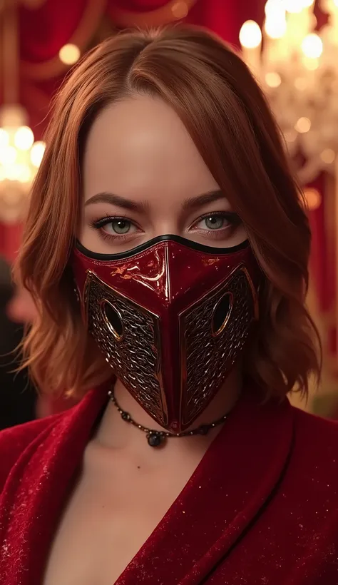Emma Stone from Scarlet from Mortal Kombat with her hyperrealistic and detailed mask with solid iron on the red and black mask epic background of a luxurious place such as a hyper realistic gala party red theme upper body
