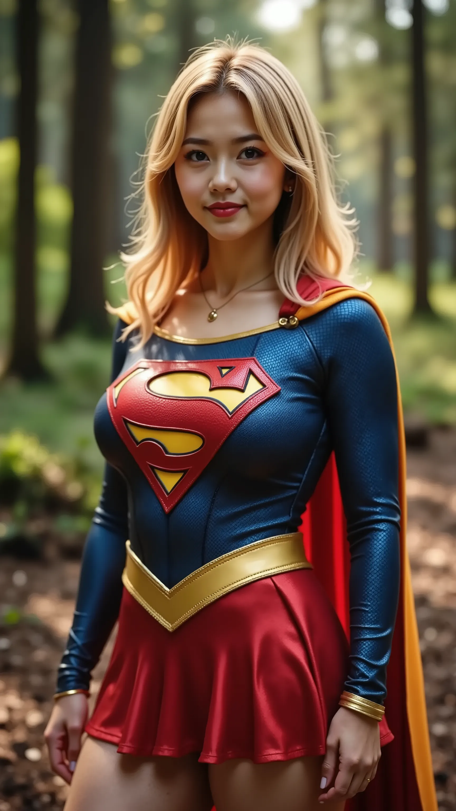 live-action、
A cute Japanese supergirl in her 20s 、 attractive blue eyes with crisp medium blond hair =TOP SUPERGIRL COSTUME, Blue leotard with long sleeves that reach my shoulders 、 short red flare skirt 、Yellow Supergirl Belt , red hig...