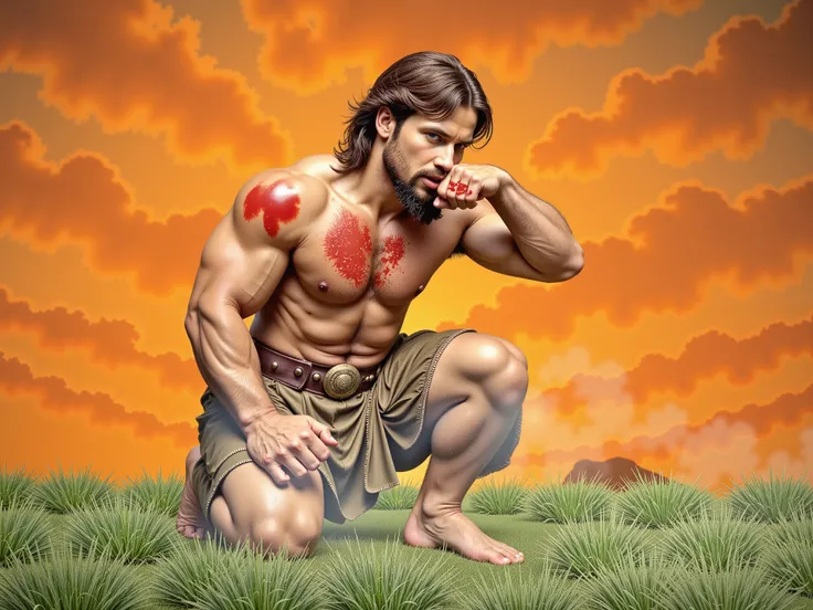 Heracles, kneeling amid the smoky aftermath of battle, supports himself with his left hand gripping his massive club, while his right fist wipes blood and dust from his mouth. The golden light pierces through the haze, casting dramatic shadows across his b...