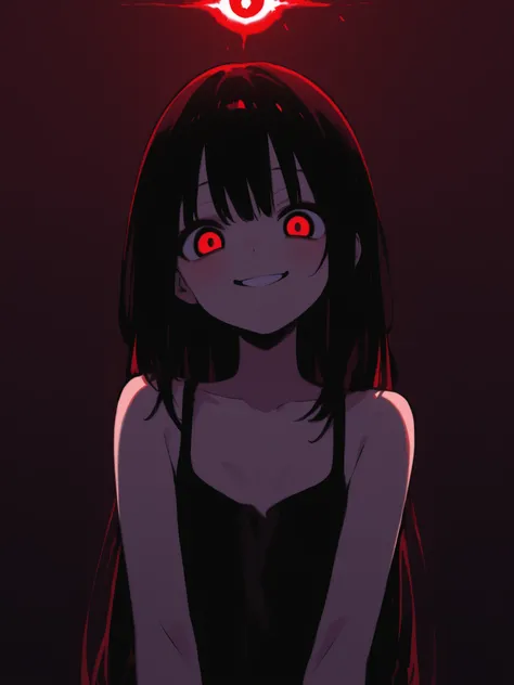 female, is cool, young, yandere, crazy, smile, red eyes, glow stripe, red flash, eye flash
