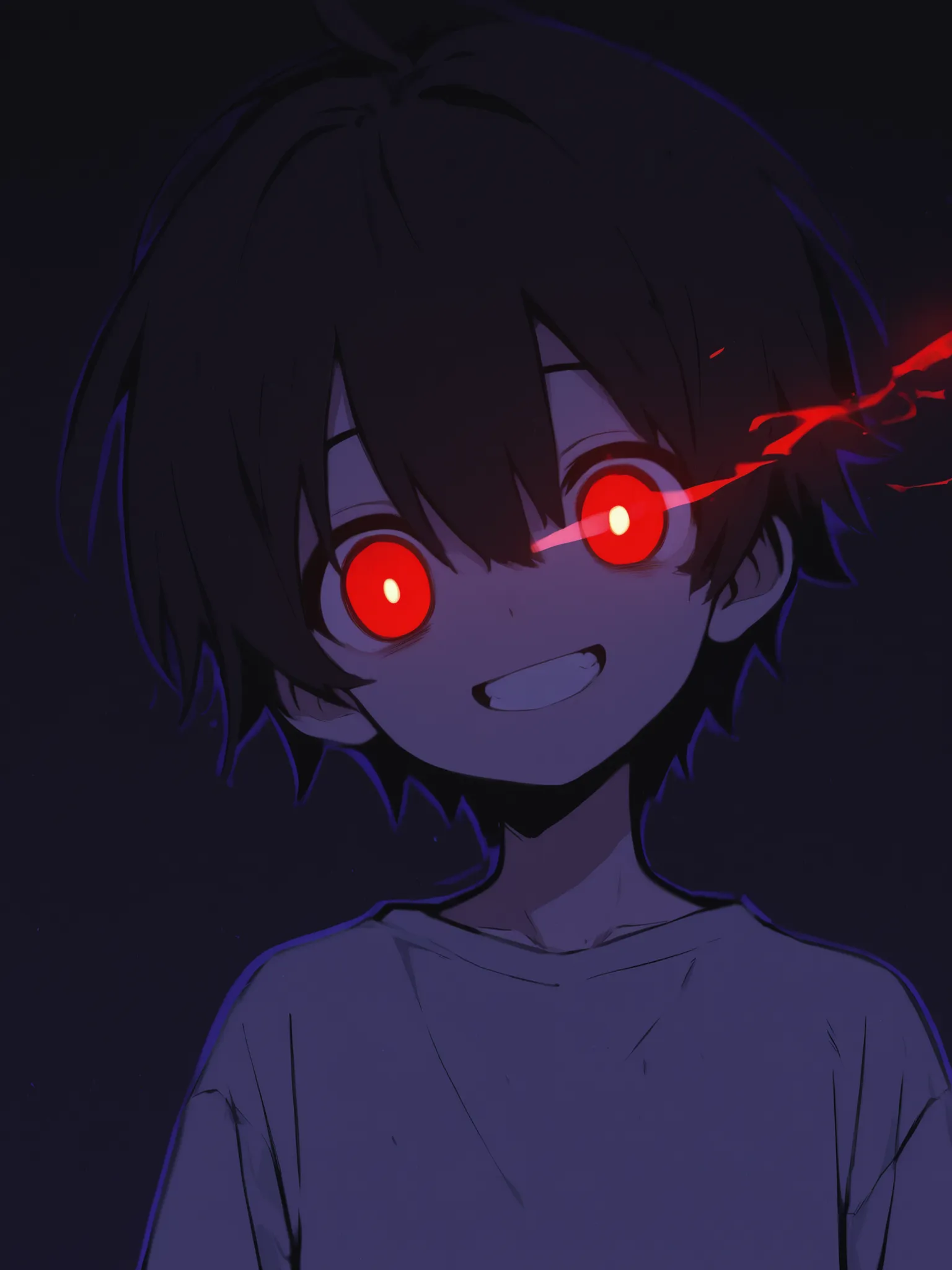 male, is cool, young, yandere, crazy, smile, red eyes, glow stripe, red flash, eye flash