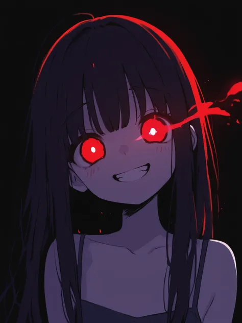 female, is cool, young, yandere, crazy, smile, red eyes, glow stripe, red flash, eye flash