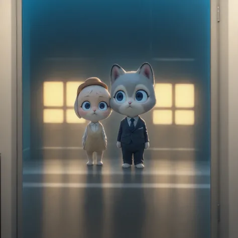  Um gato \(humanoide) crossing the street while a girl looks at him angrily, cidade, noite, soft lighting, cinrmatic