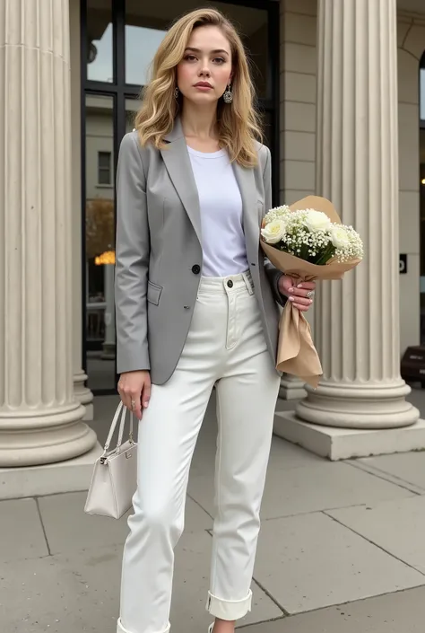 The woman stands casually in front of a building with large stone columns, creating a backdrop of urban sophistication. She is wearing a light gray oversized blazer over a white top, complemented by white cuffed pants that give the ensemble a relaxed yet s...