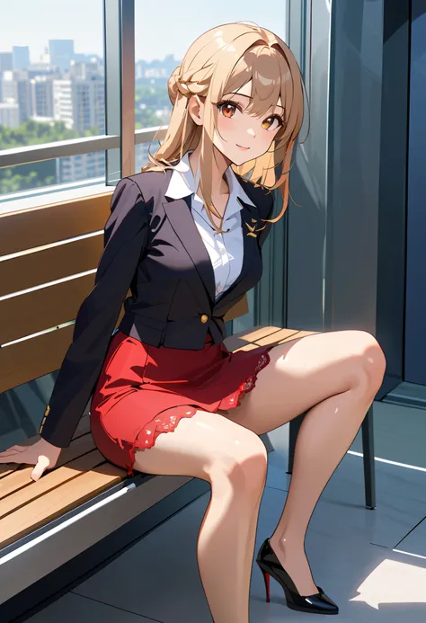Destacar,  Beautiful single woman wearing a social suit, blusa branca,Red pencil mini skirt, light brown pantyhose , sexy lacquer black high heels,  show me a beautiful waist,  (showing her entire body from the feet), She is sitting on a bench in an office...