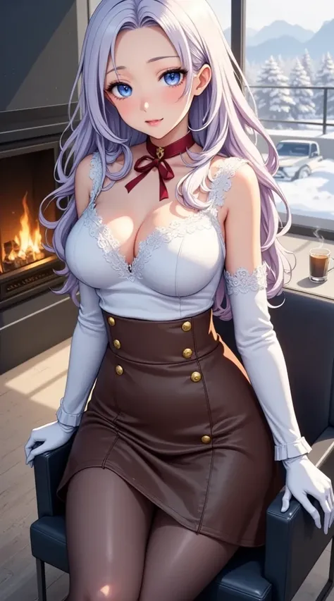  (masterpiece,  computer, mejor quality,  Clear focus, shadow, anime-style, Ultra High Resolution, 8K, perfect anatomy, perfect face, (detailed face), (  Detailed eye  ), score_9, score_8_above, score_7_above, score_6_above, score_5_above, score_4_above,  source _animated, Label 1, Label2, quality_masterpiece, Anatomically Correct Nipples, beautiful face, perfect face, Beautiful and highly detailed face and eyes, Attractive face, detailed face, delicate facial features, detailed skin, huge breasts, breast size cup D or DD, wide hips, gigantic ass, thick thighs. looking at the spectator. Anime-style illustration of a beautiful woman with an elegant and sensual look. Young anime girl with long, smooth blue hair. She has large, expressive light blue eyes, blushing cheeks and a warm and confident expression. She wears an ornate white t-shirt with an elegant red ribbon around the neck. He wears long white gloves, biscuits a tight brown high-waisted skirt with golden buttons in double row on the front. She is sitting in a black armchair in front of a burning fireplace. A steaming cup of coffee on a table next to her with some. Behind you can see a window with a snowy landscape, mountains in the background and a car parked near a modern building. Digital anime illustration style, with high level of detail, soft lighting and cozy winter atmosphere.