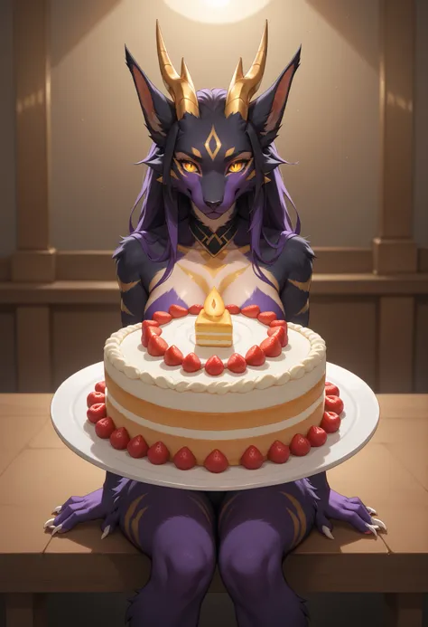 alone, score_9,score_8_up,score_7_up, anthro, female, Eothos,  looking at viewer, fluffy fur, furred dragon, golden mark on forehead, front half of body black with golden stripes, black long black ears, long straight golden horns, golden glowing eyes witho...