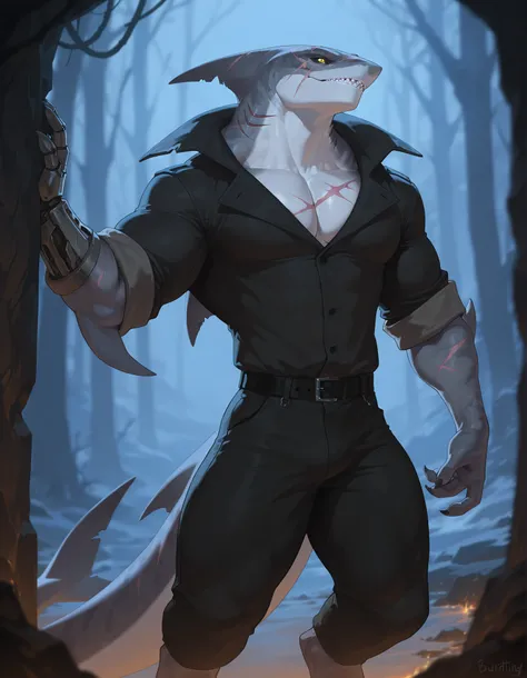 masterpiece, best quality, amazing quality, very aesthetic, absurdres, newest, scenery, extreme detail, 8k, dnd character, anthro shark, detailed eyes, yellow eyes, by Riolutiny, anthro, furry, shark, male, scalie, anthro shark, anthro megalodon, hunk, gra...