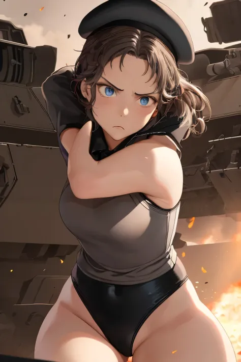 masterpiece , best quality, highres ,1girl,black long hair ,Angry  face , beret, blue eyes, black gymnastics bloomers,high leg,self wedgie , flat chest , sleeveless,Victorian blouse,  gloves, ultra detailed , Standing, (masterpiece, best quality, anime sty...
