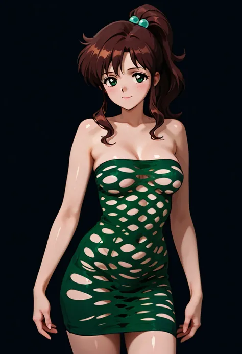 masterpiece, amazing quality, best quality, ultra-detailed, 8K, illustration, clear skin, ultra-detailed-eyes, soft skin, very awa, very as2, shiny hair, soft body, 1990s \(style\), official art, 1girl, solo, makoto kino, brown hair, green eyes, hair bobbl...