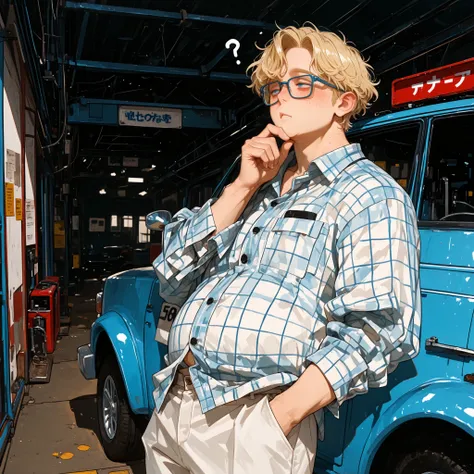 cowboy shot, vanishing point perspective, looking away, standing, male focus, leaning back, hand in pocket, hand on chin, confused thinking expression, awkward stoic posture, 1 man, hipster, tareme, nerdy, blue eyes, freckles, square glasses, tucked plaid...