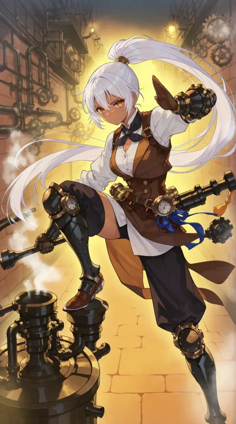 steampunk, A steampunk female martial artist with tanned brown skin, wearing steam-powered mechanical gauntlets and greaves made of gears, pipes, and exhaust vents. Her long white hair is tied back in a high ponytail. She stands in a Chinese kung fu stance...