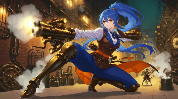 steampunk, A steampunk female martial artist, wearing steam-powered mechanical gauntlets and greaves made of gears, pipes, and exhaust vents. Her long blue hair is tied back in a high ponytail. She stands in a Chinese kung fu stance, one arm extended forwa...