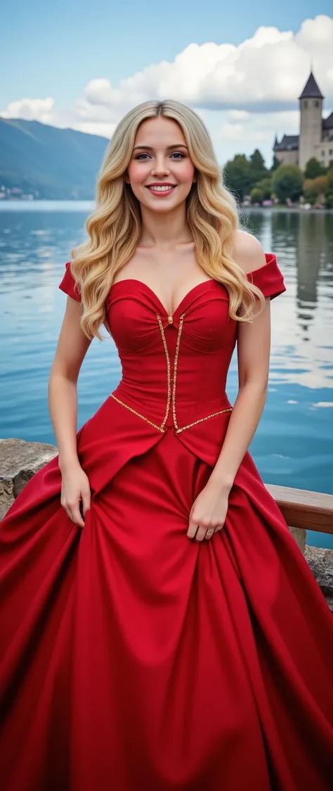 ((top quality))、((masterpiece))、(details)、Blonde Beauties、full body high resolution image、Face Details、Smile Yan、A very beautiful dress、A woman in a bright red dress。Lake Geneva and Chillon Castle:It's the largest lake in Europe、A castle with a medieval at...