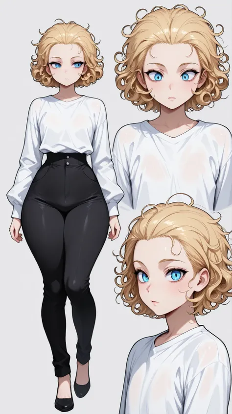 1boy, femboy, blonde Hair, curly hair, blue eyes, thick thighs, small waist, black pants, white shirt, messy hair, curly hair, short hair, hair pulled back, Glossy skin, long sleeves,,  slender shoulders, full body, grey background, Multiple views, Perfect...